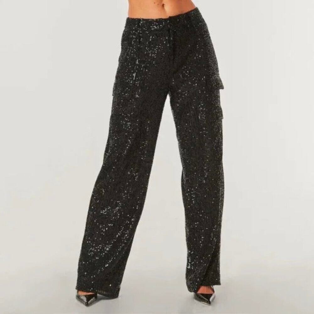 NWT The Noli Shop Milan Sequin Cargo Pant Black Wide Vegas Rave Cocktail Size 0